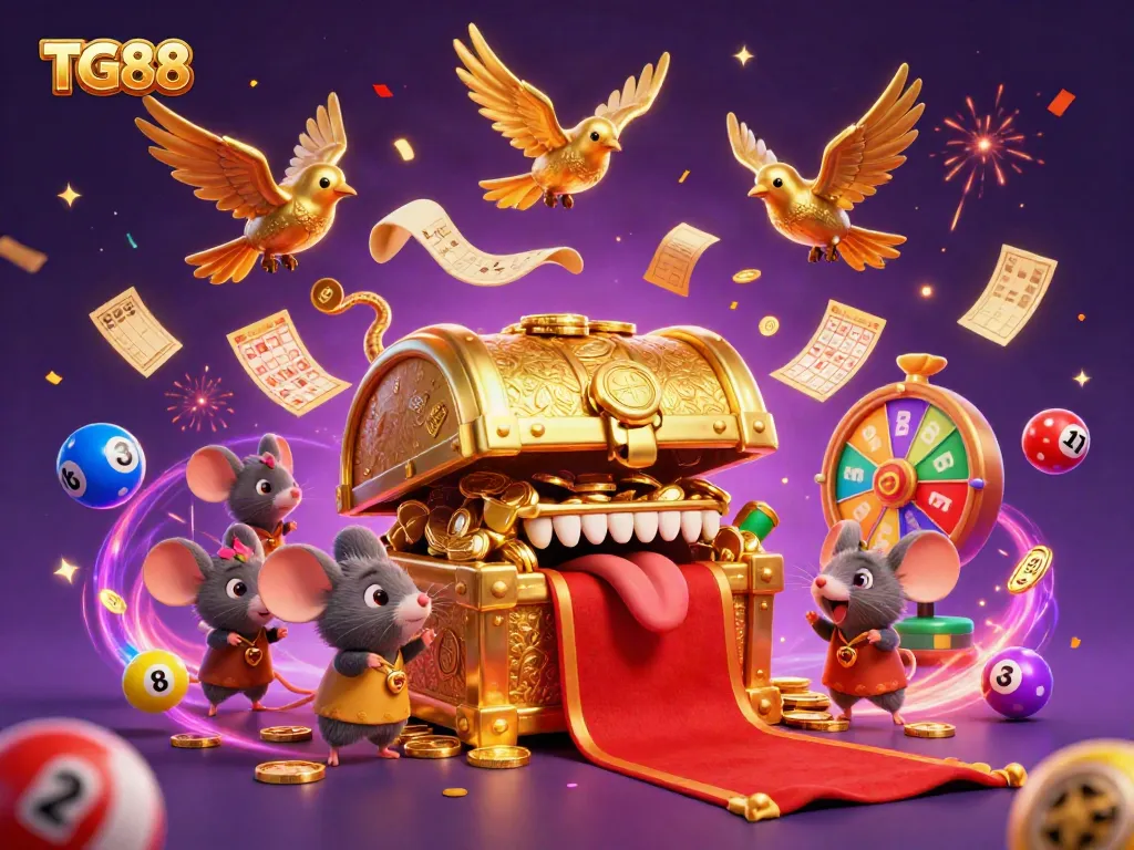 Experience riches at TG88 with a golden treasure chest, vibrant lottery balls, and dynamic gaming elements.