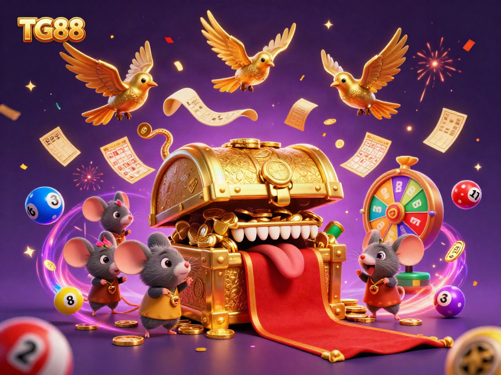 Experience riches at TG88 with a golden treasure chest, vibrant lottery balls, and dynamic gaming elements.