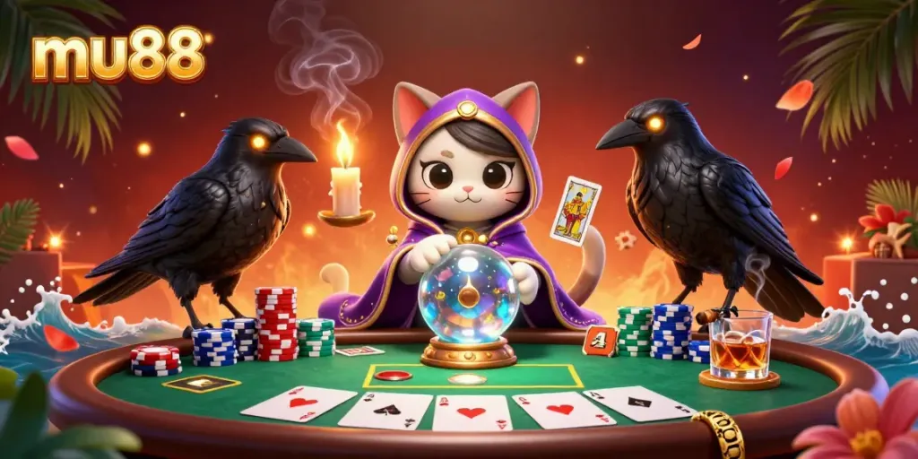 Engage with mu88's mystical and vibrant 3D casino scene featuring a fortune teller cat and poker elements.