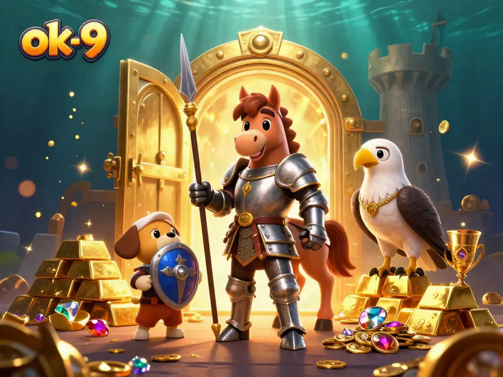 Spin and win big with ok-9 in this enchanting treasure-filled casino scene featuring a knight, puppy, and falcon.