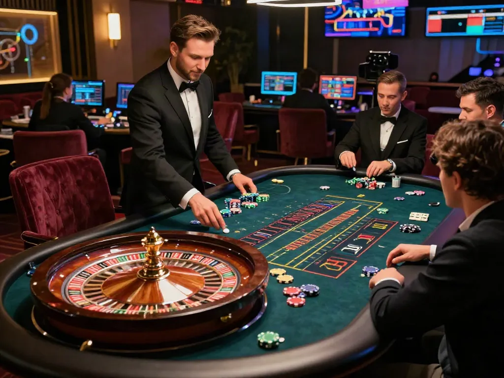 Exciting Casino En Ligne scene with dealer at roulette table and luxury decor.