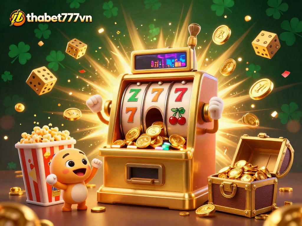 Experience the thrill of thabet777vn jackpots with golden slot machines celebrating wins and coins pouring everywhere!