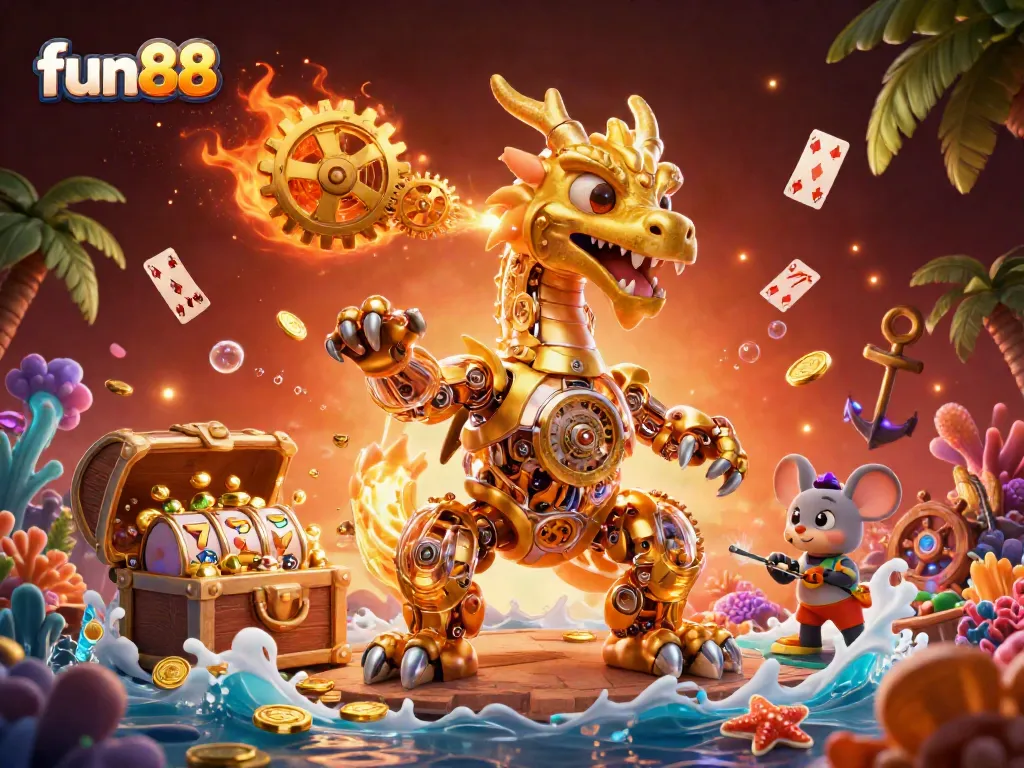 Engage with thrilling fun88 slots as a golden dragon breathes gears and treasures amidst vivid casino elements.