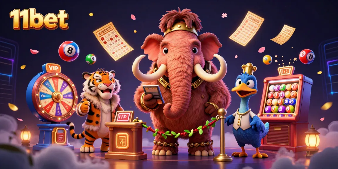 Engaging scene with playful characters celebrating 11bet's casino experience amidst vibrant gaming elements