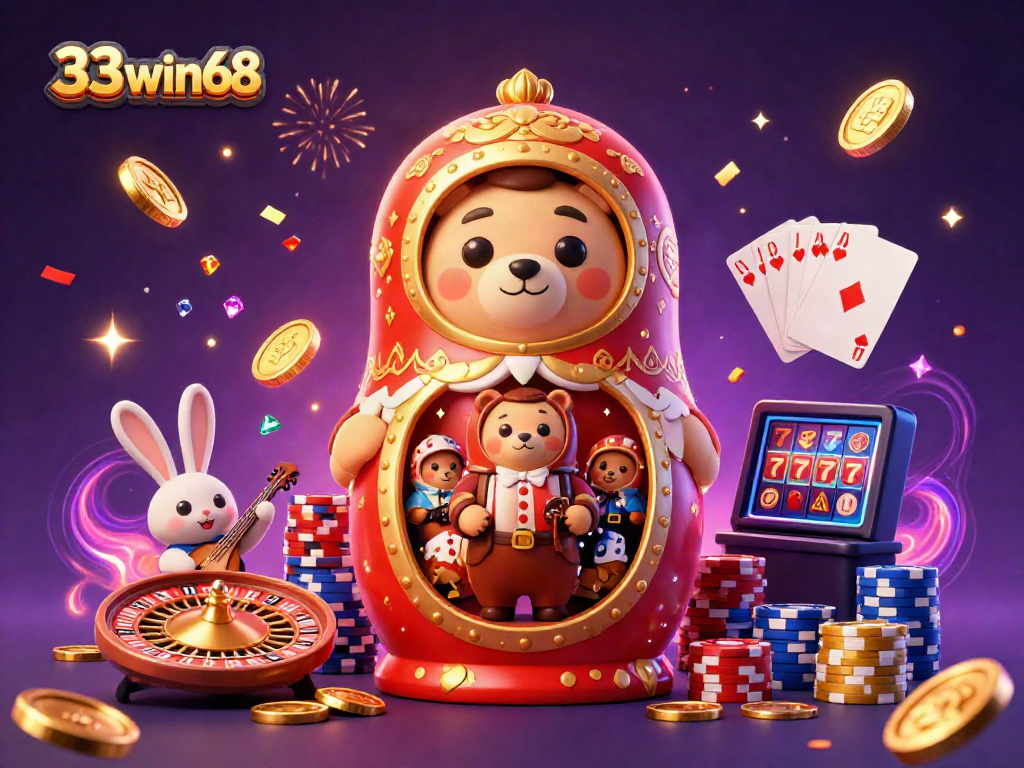Experience the thrilling world of casino gaming with 33win68, featuring unique characters, vibrant gold coins, and engaging game elements.