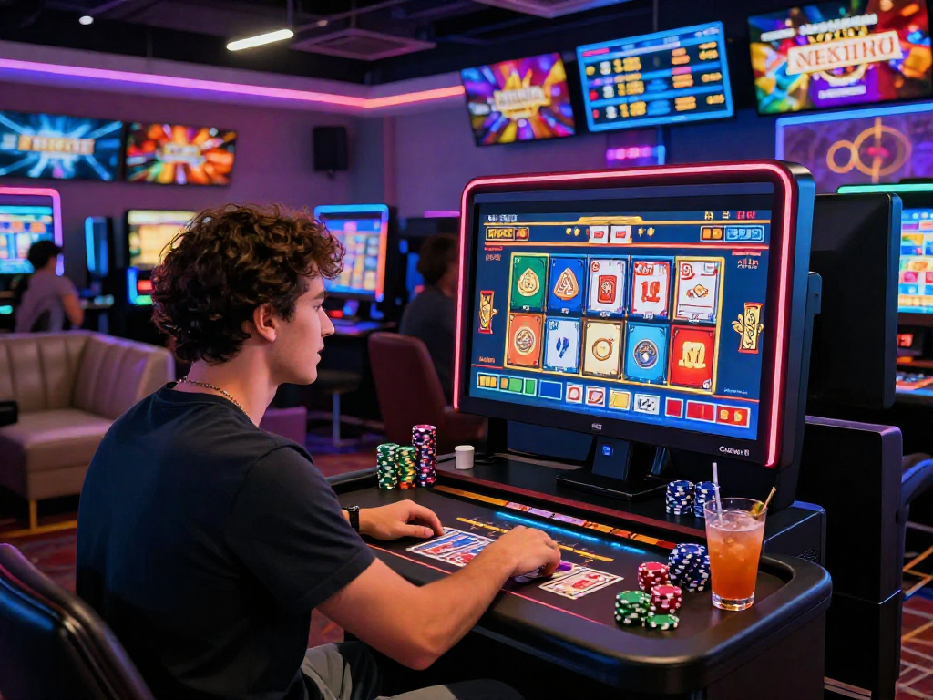 Giocatore nel casinò online non AAMS impegnato in un gioco virtuale avvincente con illuminazione vivace e schermi interattivi.