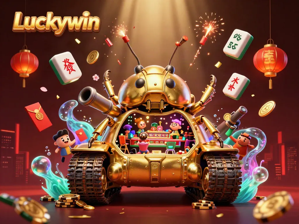 Experience thrilling casino action with Luckywin's elaborate golden beetle tank showcasing a hidden gambling paradise.