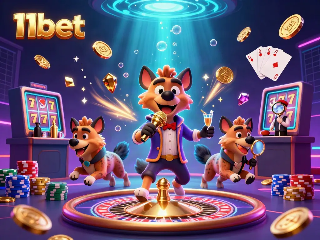 Experience the lively 11bet casino atmosphere with hyenas in a comedic scene filled with sparkling gems and golden coins.