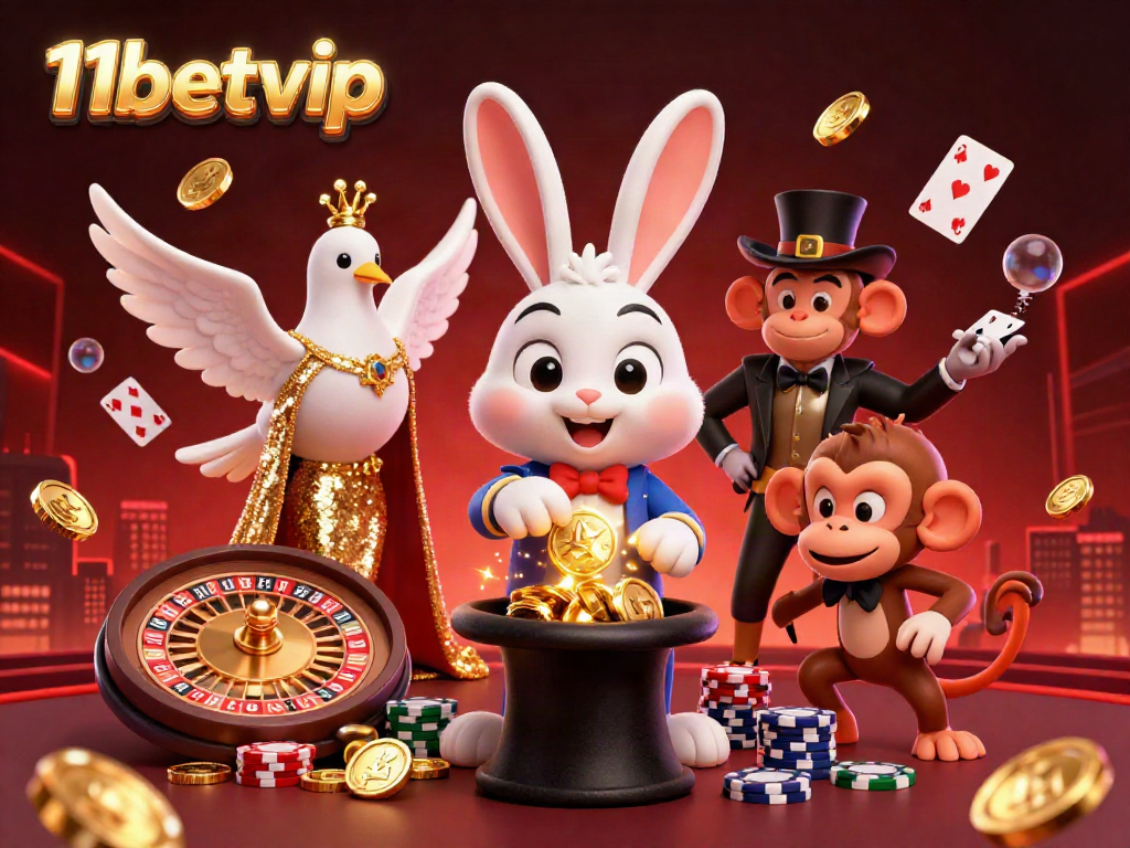 Experience the magic of betting with 11betvip as colorful characters enrich a vibrant casino scene.