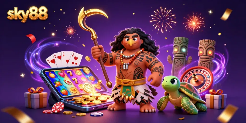 Engage with sky88's captivating casino games, featuring a demigod hawk and vibrant slot elements.