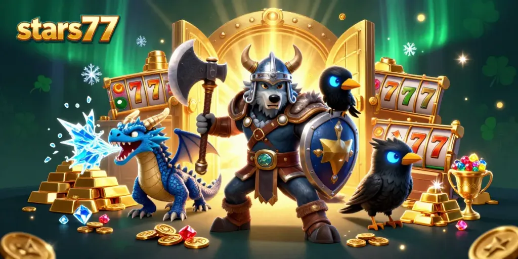 Gambarkan aksi bermain slot di stars77 dengan karakter Viking dan naga, dikelilingi harta bertumpuk dan keberuntungan.