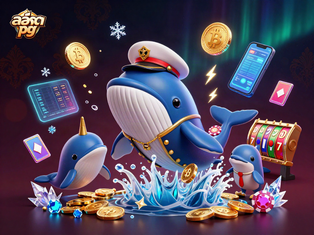 Engage with สล็อตpg as the whale breaches through coins among vibrant slot reels and crypto elements.