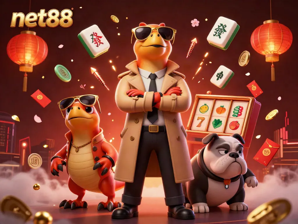 Experience the excitement of net88 as cartoon raptors in trench coat enter a casino, surrounded by gaming symbols.