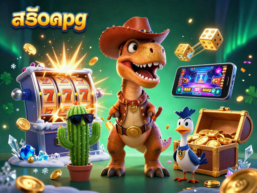 Engaging สล็อตpg design showcasing a T-Rex and casino-themed elements in action.