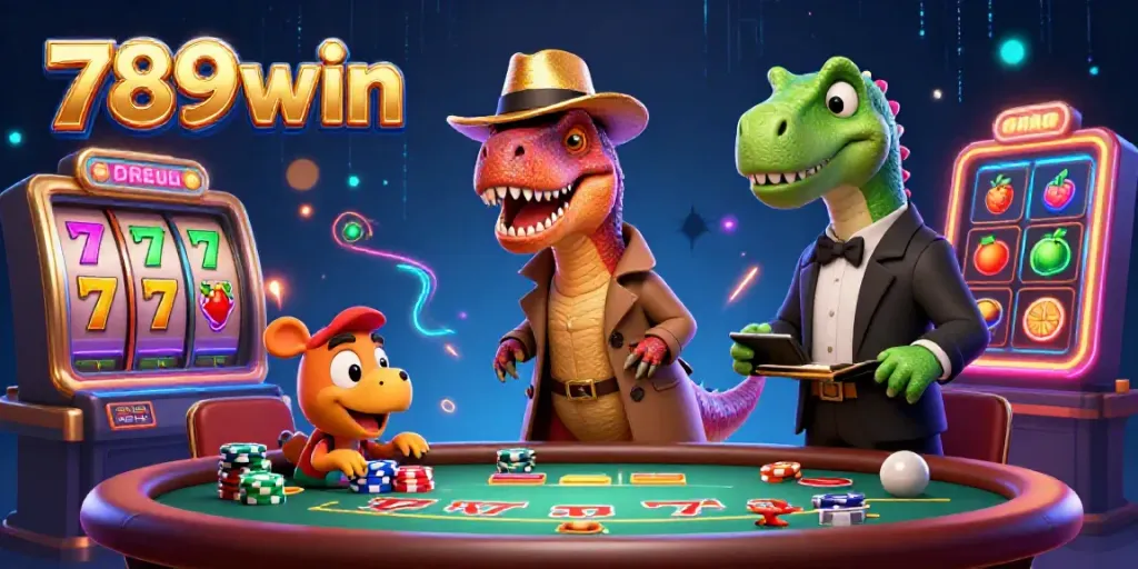 Engaging illustration of a velociraptor card counter in a casino, promoting 789win gaming.