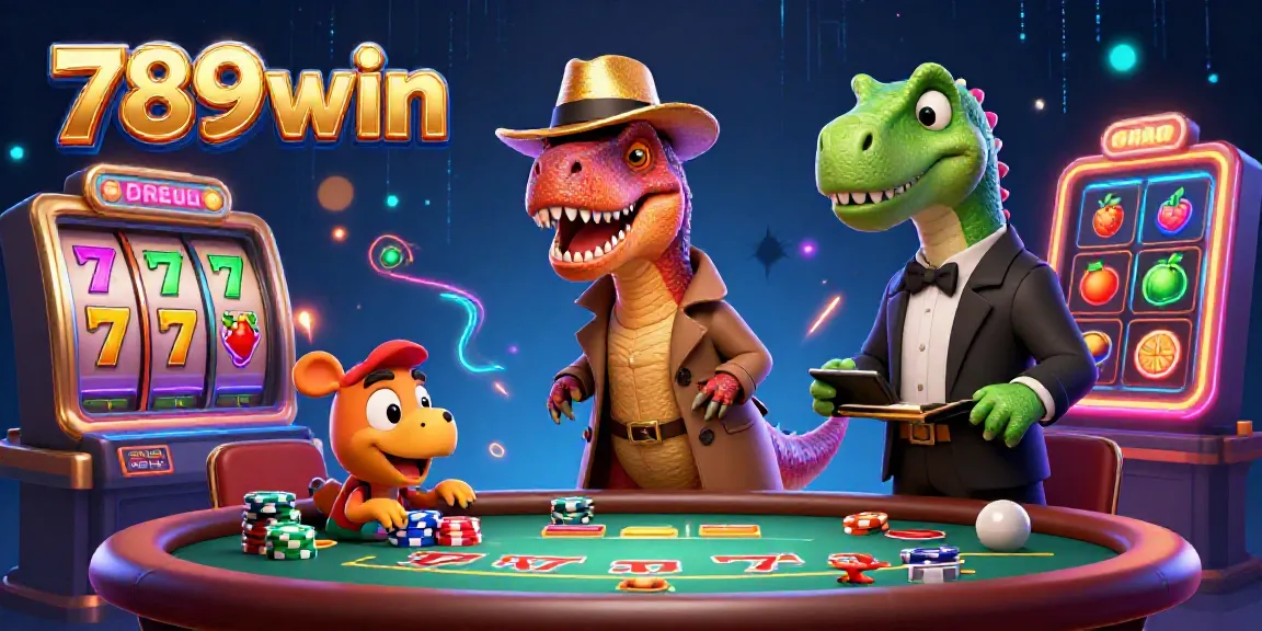 Engaging illustration of a velociraptor card counter in a casino, promoting 789win gaming.