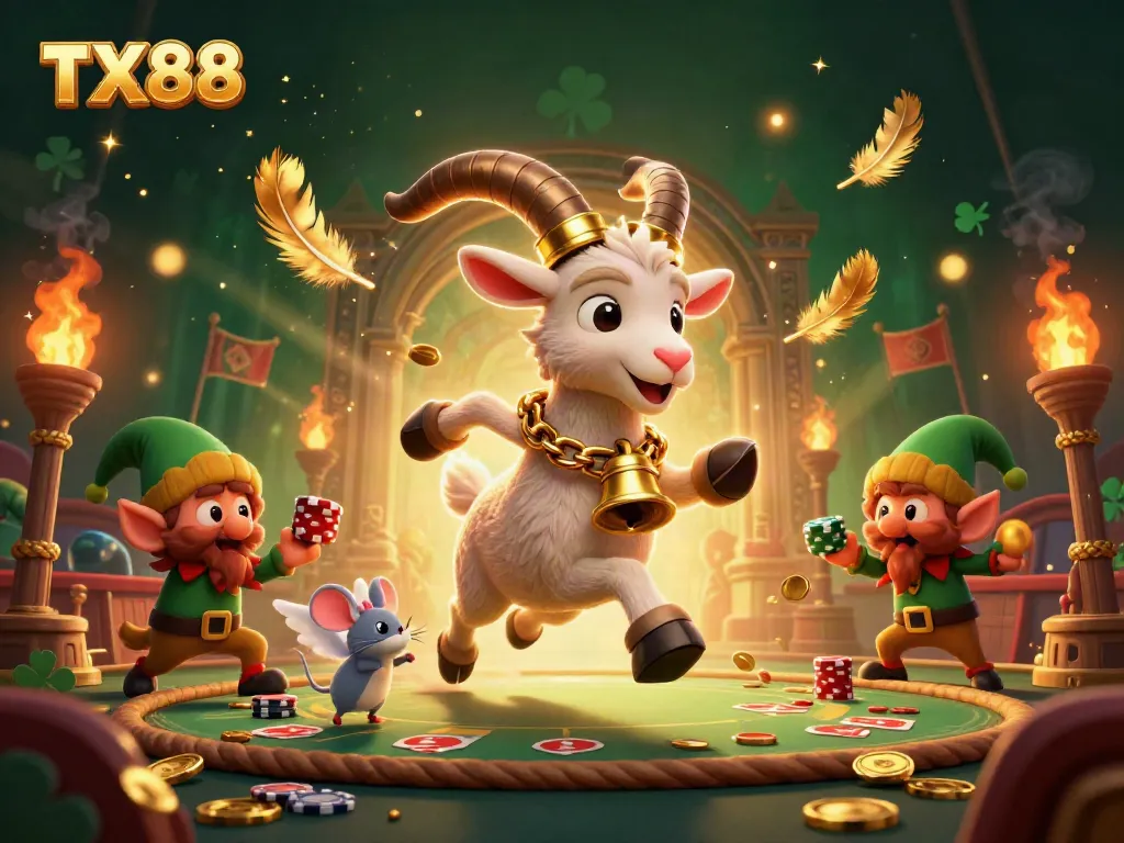 Experience thrilling gaming at TX88 with lively characters in a festive casino setting surrounded by magical elements.