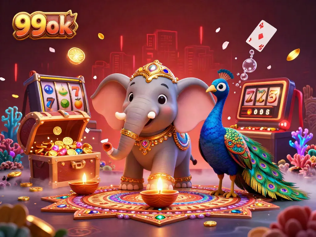 Experience the vibrant world of 99ok with dynamic casino elements embodied in a colorful Diwali-themed illustration.