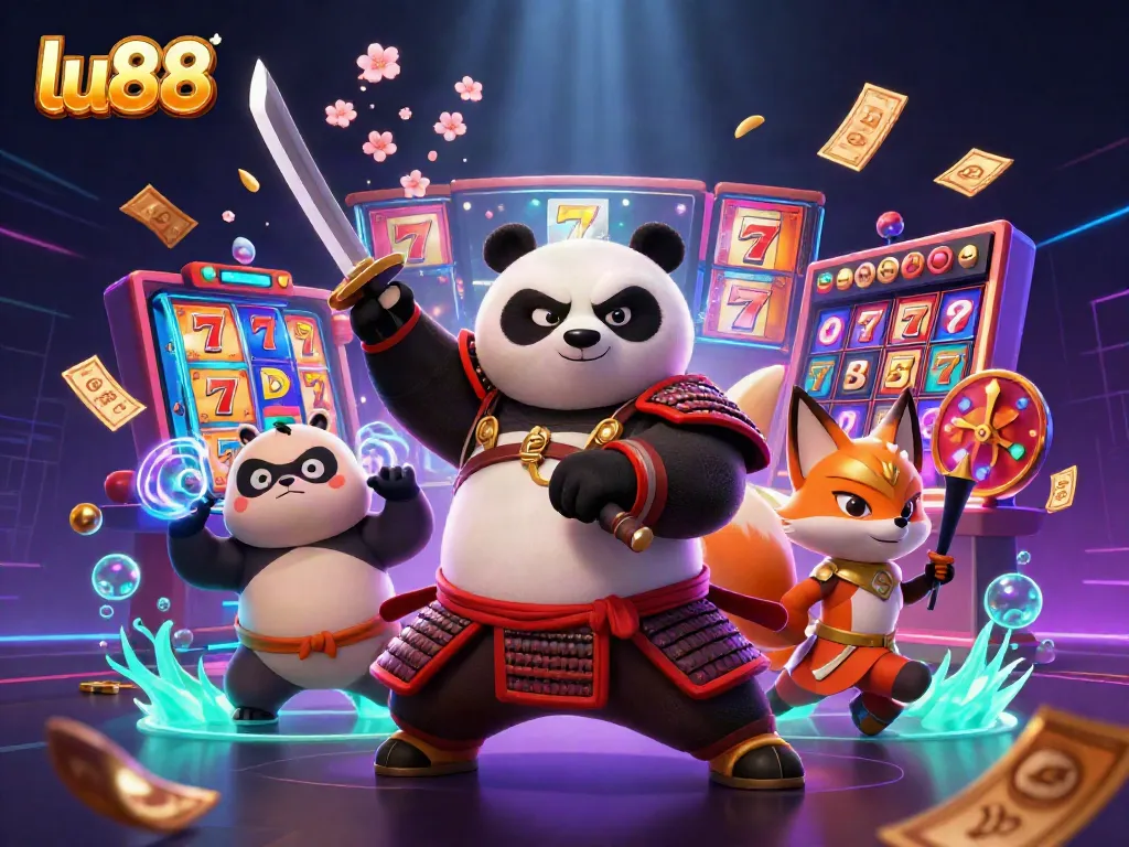 Experience thrilling slot adventures at lu88 with cartoon characters in an action-packed casino scene.