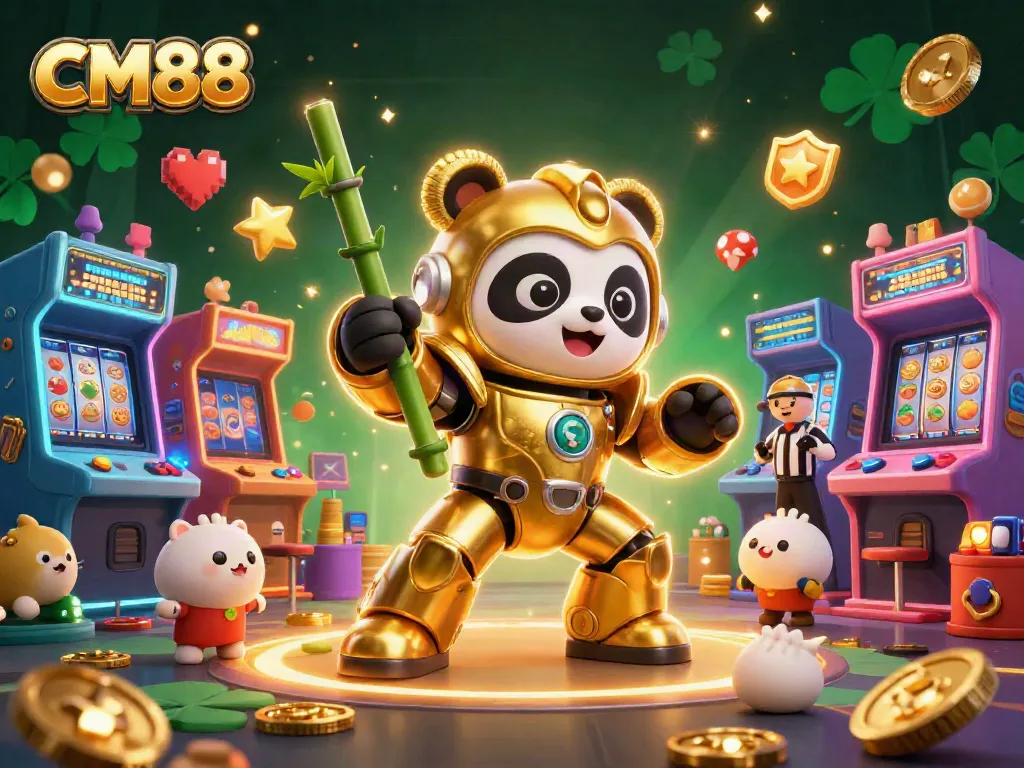 Experience CM88 with the golden panda in a vibrant casino-themed digital illustration.
