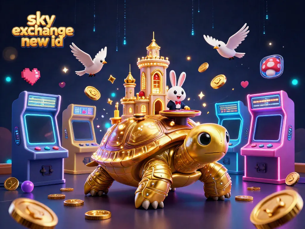 Engage with the vibrant sky exchange new id scene featuring a golden tortoise casino, lively dealer, and flying treasure.