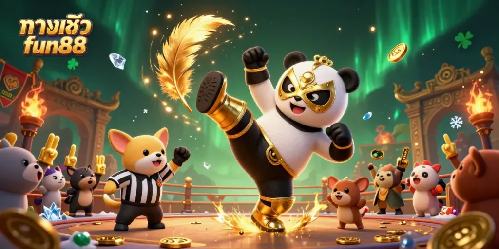 Experience thrilling action at ทางเข้า fun88 with a lively 3D wrestling scene featuring unique characters.