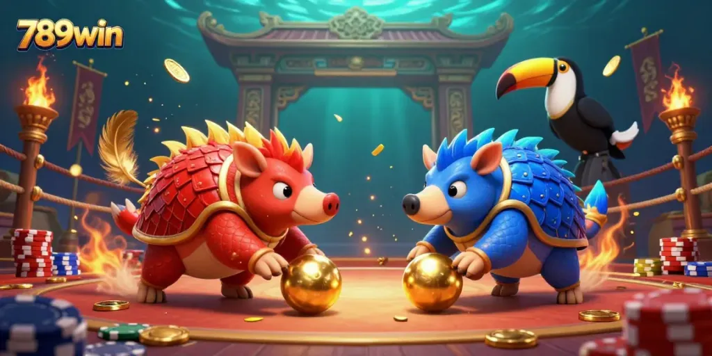 Engage in thrilling bets with 789win's vibrant casino action displayed by rival pangolins in a dynamic scene.