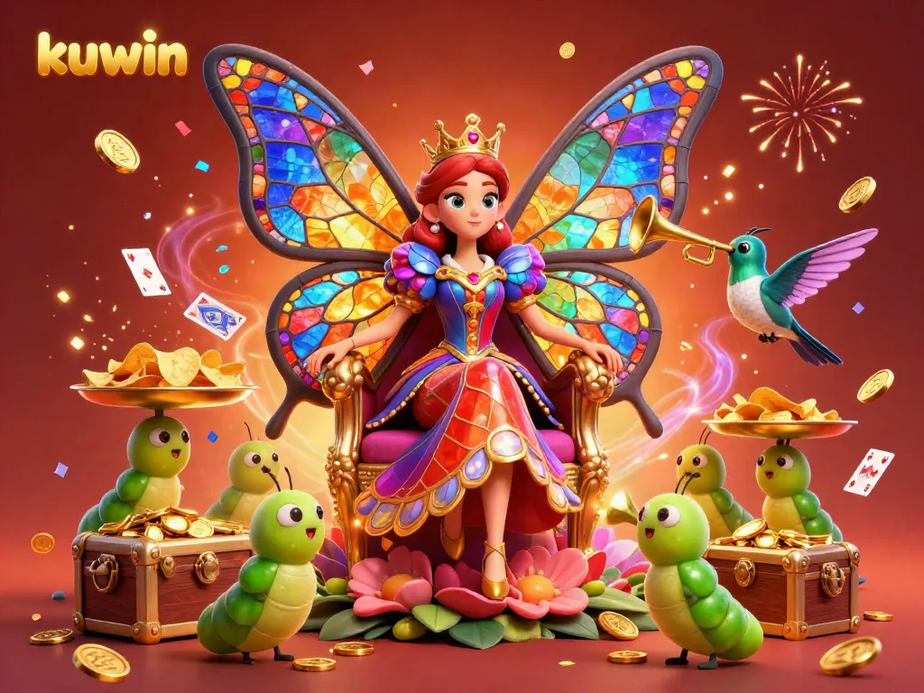 Kuwin brings excitement with vibrant gameplay, featuring a butterfly queen and treasure elements amidst a festive atmosphere.