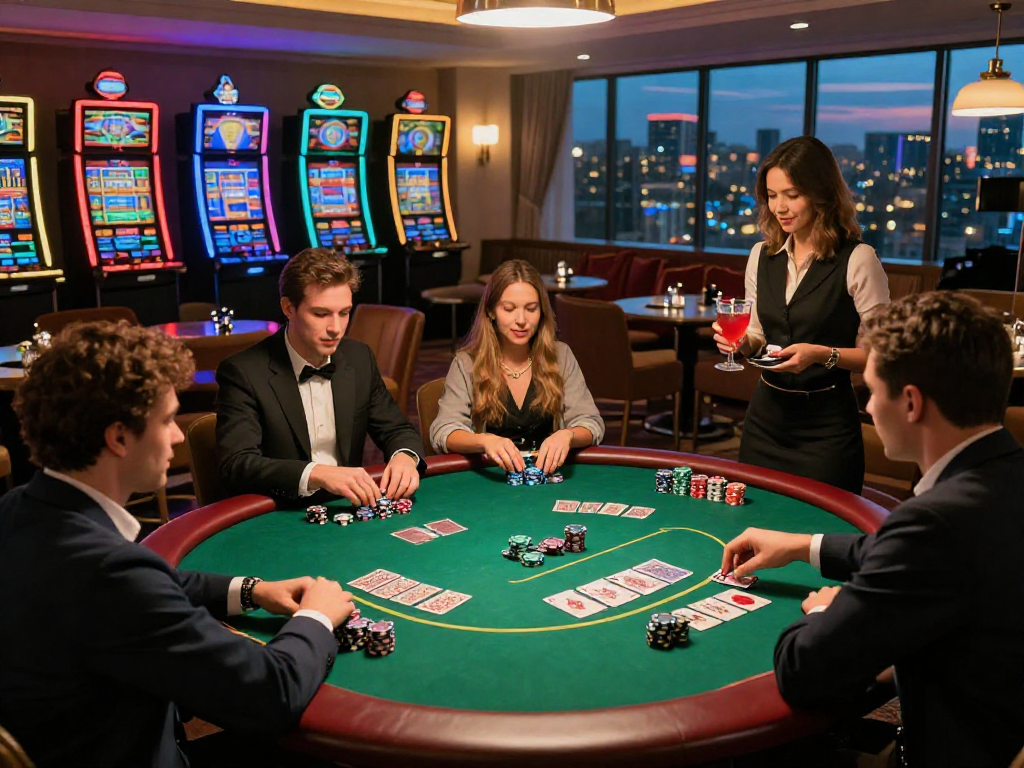 Giocatori attivi in un casinò online non AAMS, atmosfera elegante con tavolo da poker e macchine da gioco.
