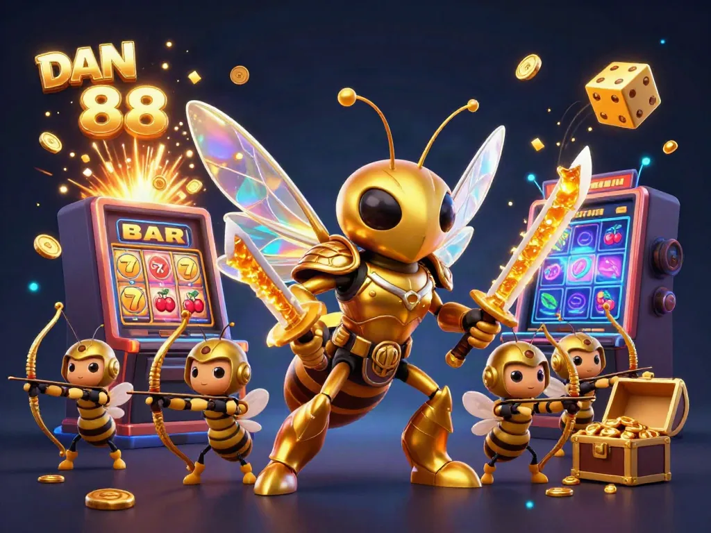 A vibrant 3D scene showcasing the dynamic elements of gambling with the DN 88 logo, featuring a golden samurai hornet and slot machine.