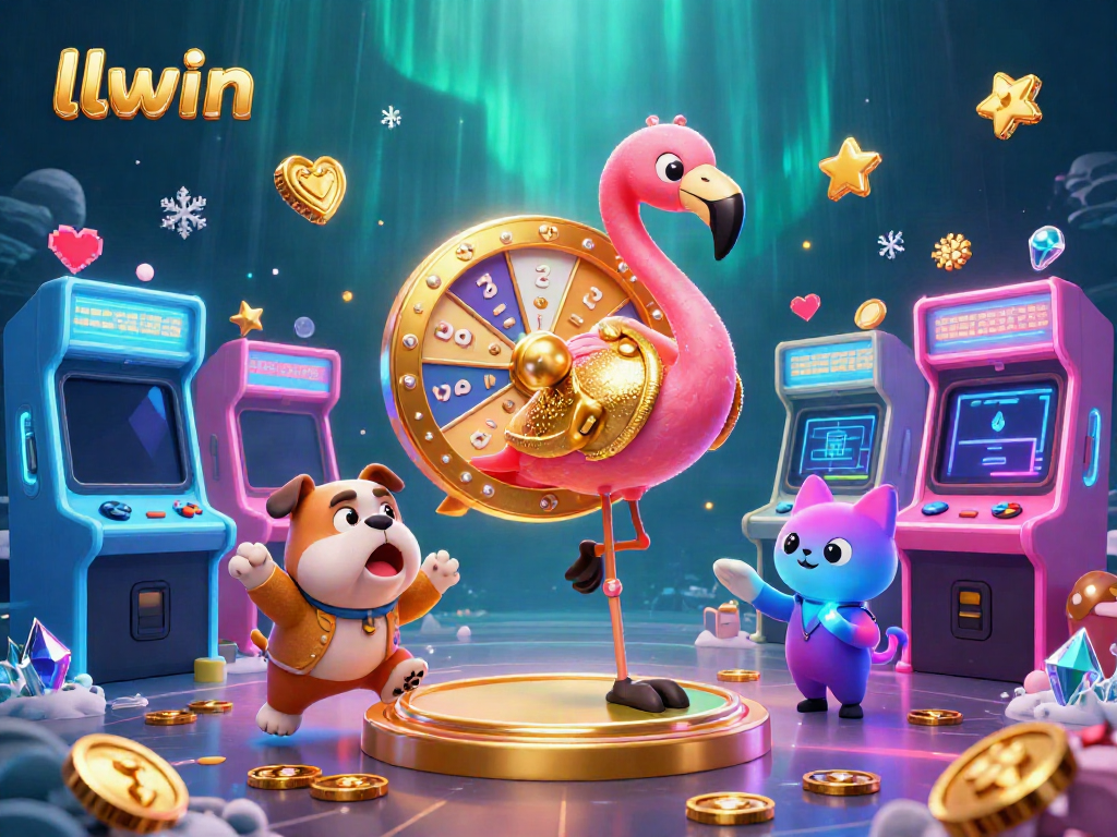 Watch an excited bulldog contestant celebrate as llwin's flamingo host spins the golden prize wheel in this dynamic casino scene.