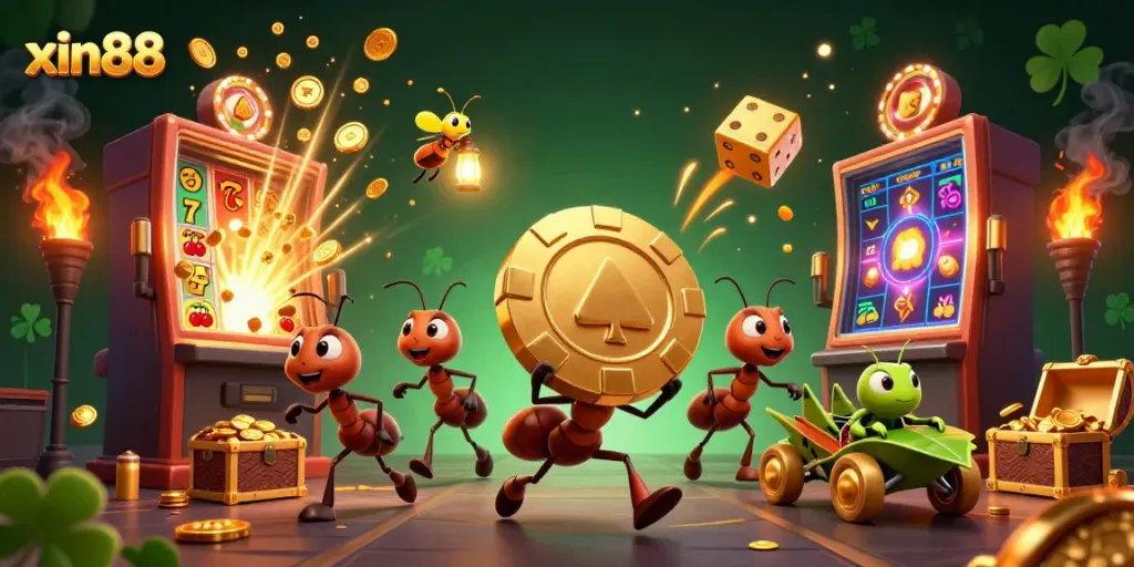 Experience thrilling gameplay at xin88 with a dynamic scene depicting cartoon ants carrying a golden poker chip and a slot machine explosion.