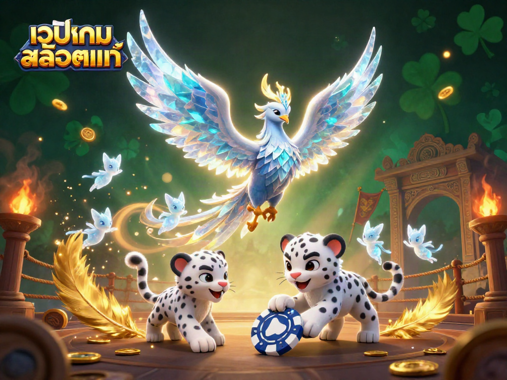Experience thrilling gameplay at เว็บเกมสล็อตแท้ with an enchanting 3D scene featuring a phoenix, snow leopard, and magical sprites.