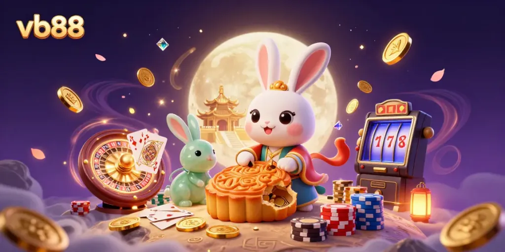 Experience the excitement of vb88 with a whimsical moon rabbit scene revealing poker chips, amidst colorful casino elements.