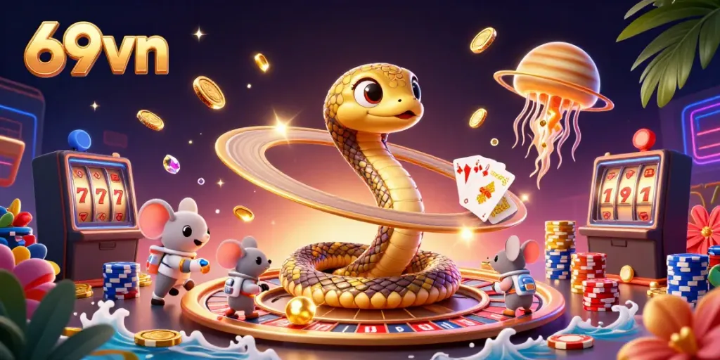 Place bets with 69vn in a vibrant 3D casino fantasy filled with golden coins and cosmic game elements.
