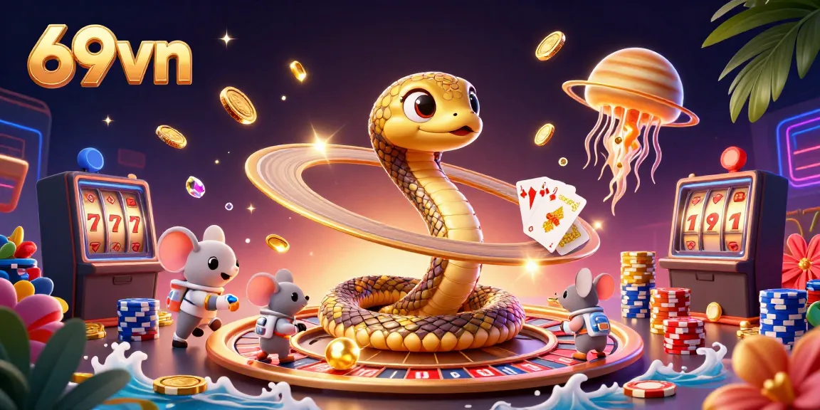 Place bets with 69vn in a vibrant 3D casino fantasy filled with golden coins and cosmic game elements.