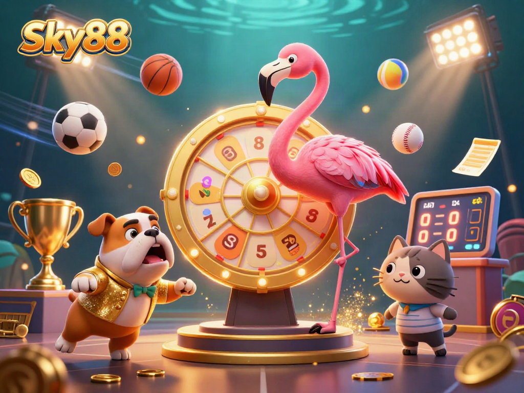 Sky88 gambling scene of a flamingo host, bulldog contestant, and cat assistant amid sports elements.