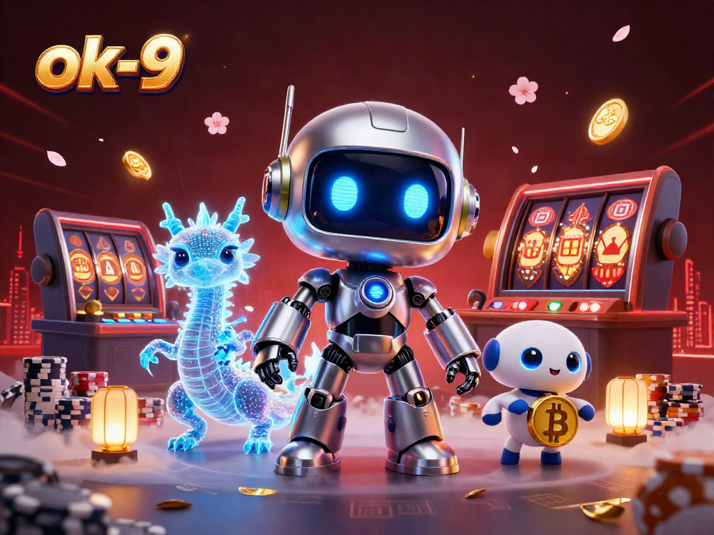Experience the thrill of ok-9 with a vibrant scene showcasing a cyberpunk mascot at a dazzling casino.