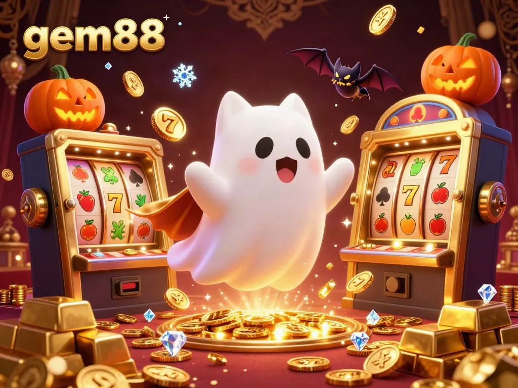 Engage in the vibrant gem88 gaming experience with slot machines and glowing elements in a haunted casino.